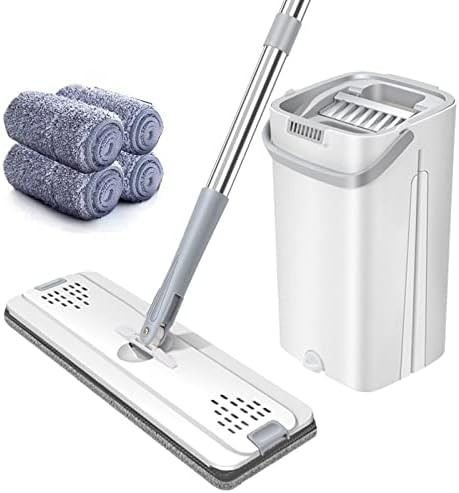 Set mop profesional Macvi® cu galeata si 2 lavete din microfibra, functie de autostoarcere din plastic si metal pentru podele, Alb