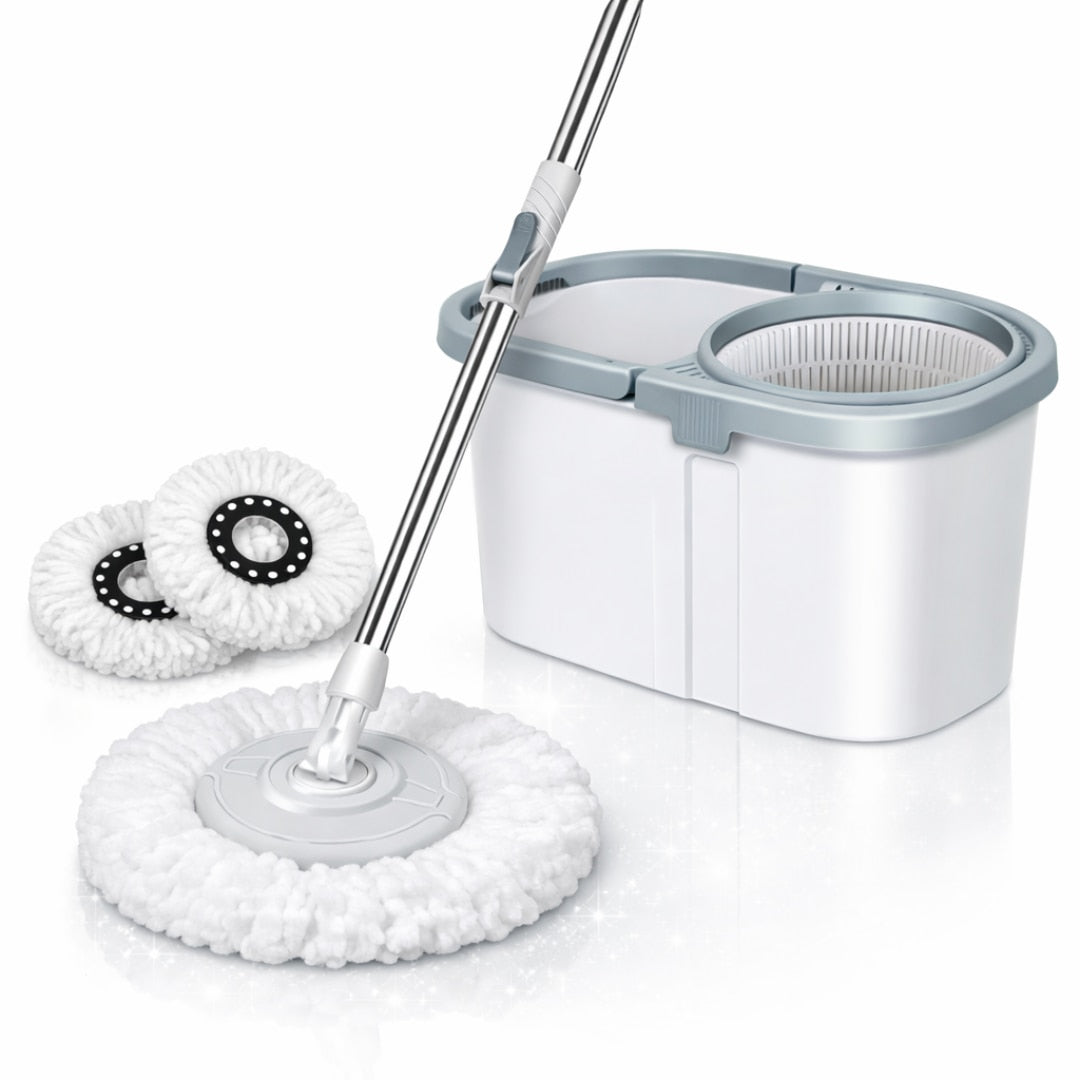 Set Mop Rotativ Macvi® cu Galeata Dubla, Actiune si 2 Rezerve Microfibra, Rotatie 360°, Sistem Stoarcere Automata, Coada Reglabila telescopica, Mop Profesional pentru Parchet, Gresie, Marmura, Alb Gri