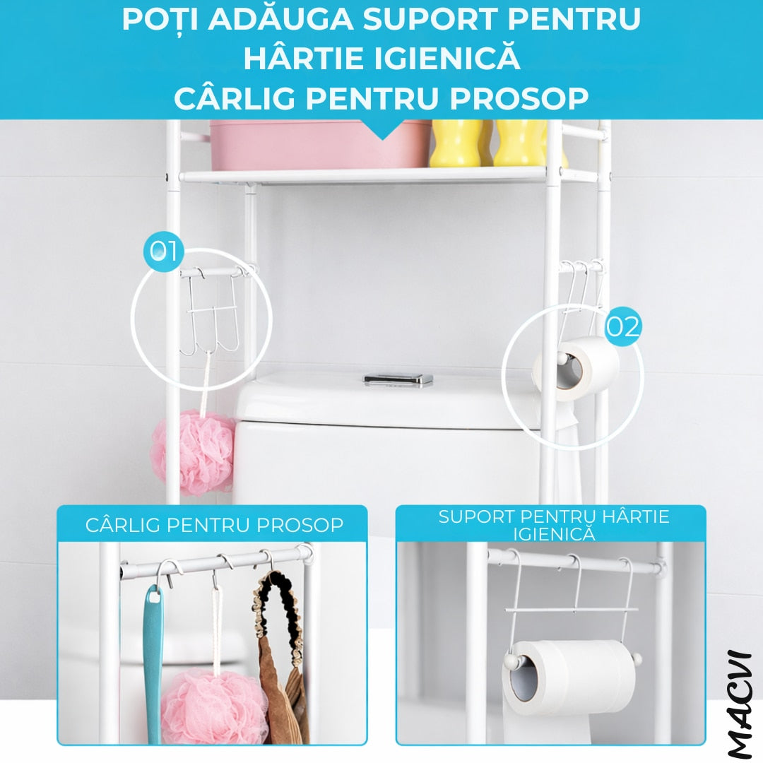 Organizator Baie Macvi® pentru Masina de Spalat si Toaleta, 3 Rafturi Depozitare, Suport Hartie Igienica, 160 x 65 x 25,  Metal Vopsit, Alb, Etajera Multifunctionala Economisire Spatiu