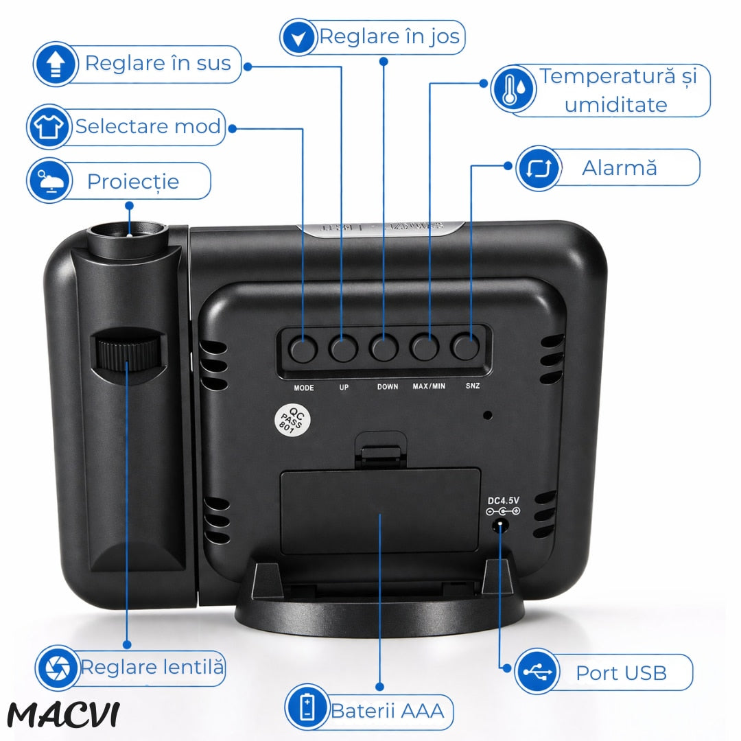 Ceas cu efect de proiectie tip LED Macvi®, functie de alarma, Calendar, senzor de lumina, setari temperatura/umiditate, doua moduri de alimentare