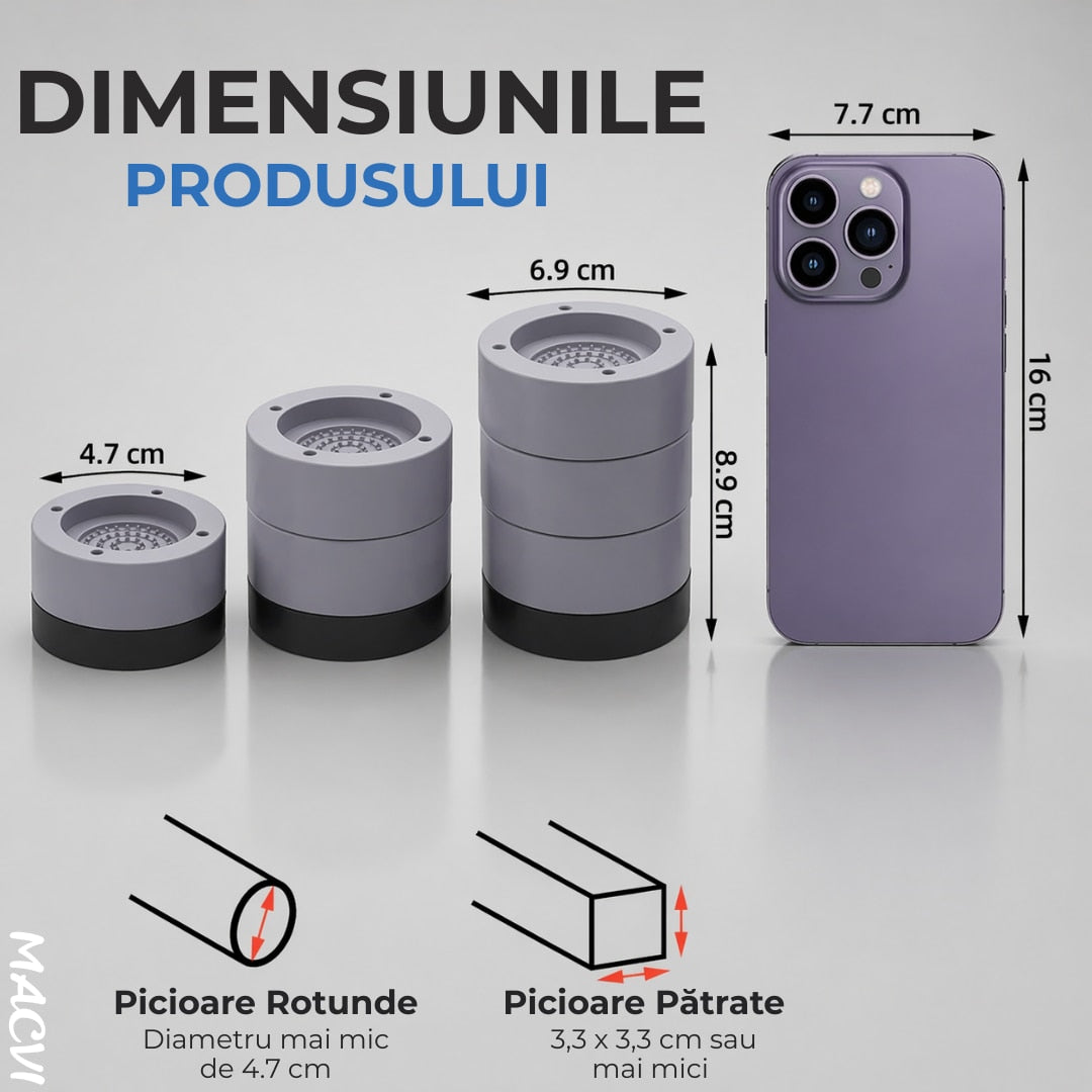 Set 4 tip tampoane anti-zgomot Macvi® din Plastic, Gri, antiderapante Protectie si Stabilitate pentru Masina de Spalat, universale