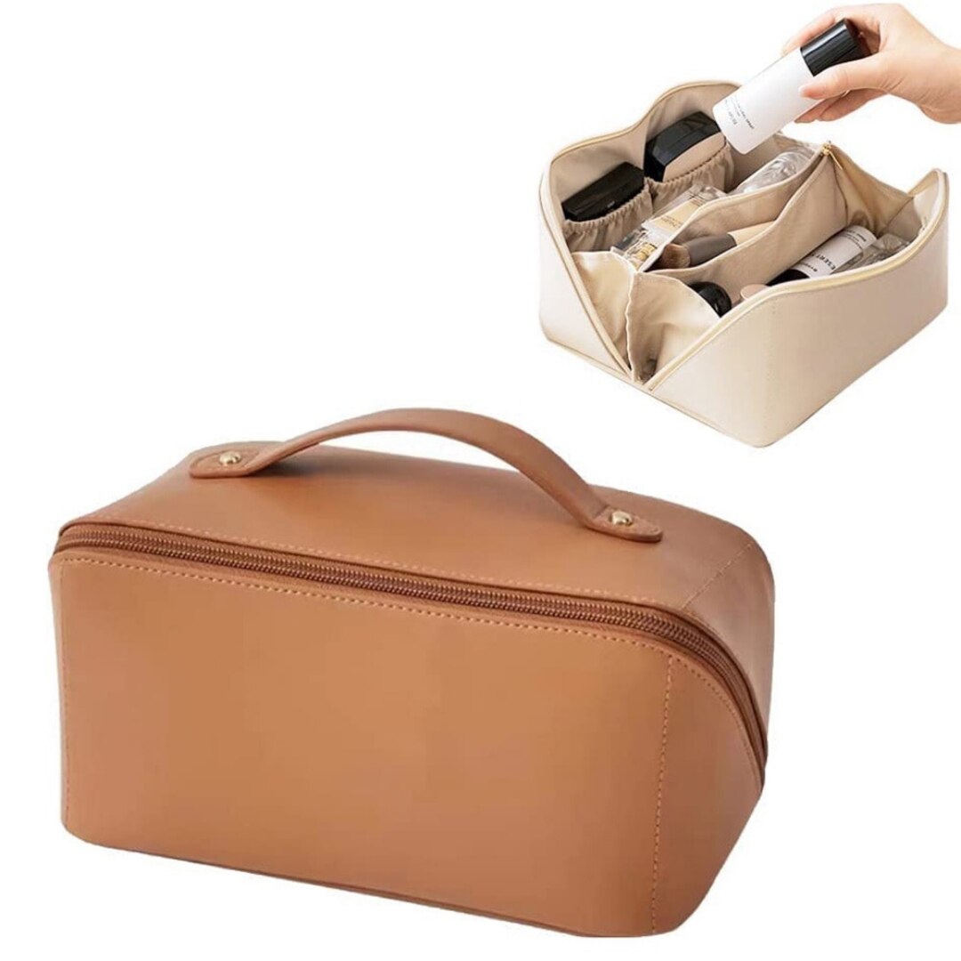 Geanta pentru cosmetice de calatorie Macvi®, din piele rezistenta la apa, cu maner si compartiment spatios, 24x11.5x11.5 cm, ideala pentru femei, maro
