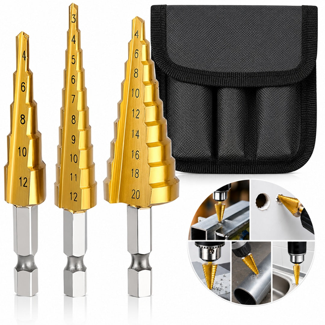 Set 3 burghie conice in trepte Macvi®, otel HSS cu acoperire titan, tije 6 mm, dimensiuni 4–12 mm, 3–12 mm, 4–20 mm, cutie depozitare inclusa, rezistente si durabile