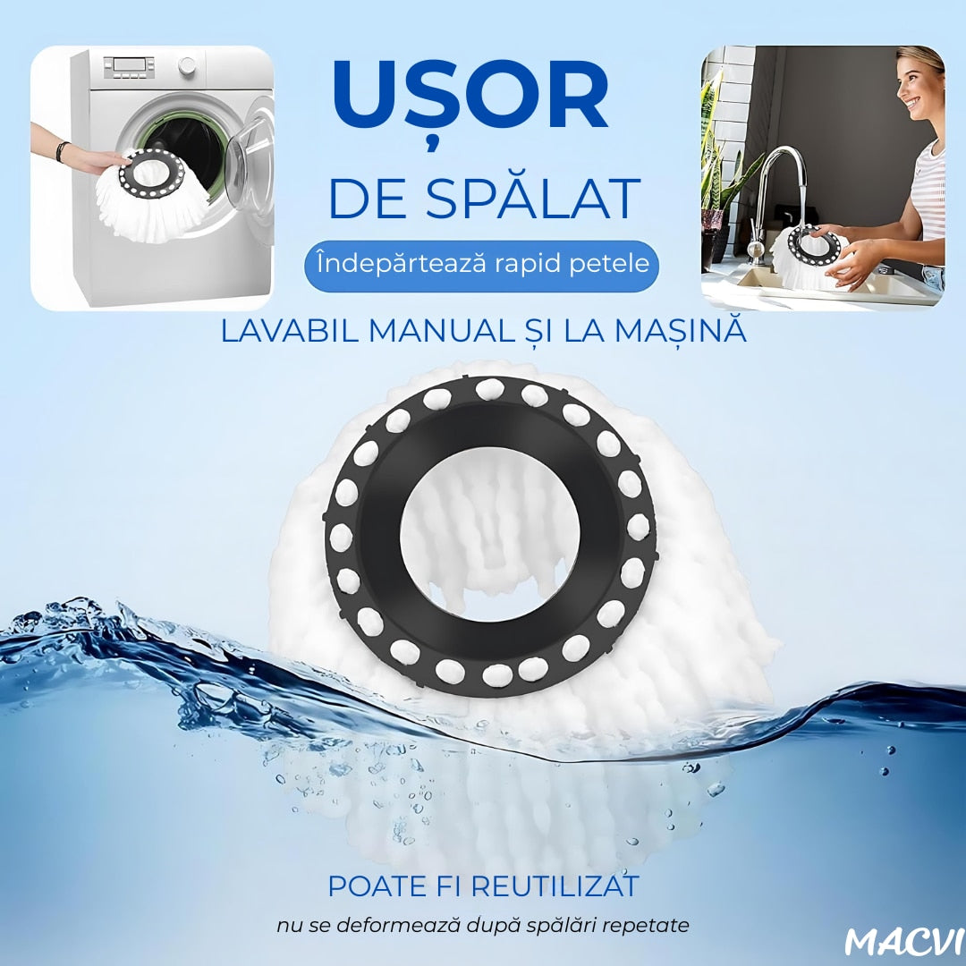 Set Mop Rotativ Macvi® cu Galeata Dubla, Actiune si 2 Rezerve Microfibra, Rotatie 360°, Sistem Stoarcere Automata, Coada Reglabila telescopica, Mop Profesional pentru Parchet, Gresie, Marmura, Alb Gri