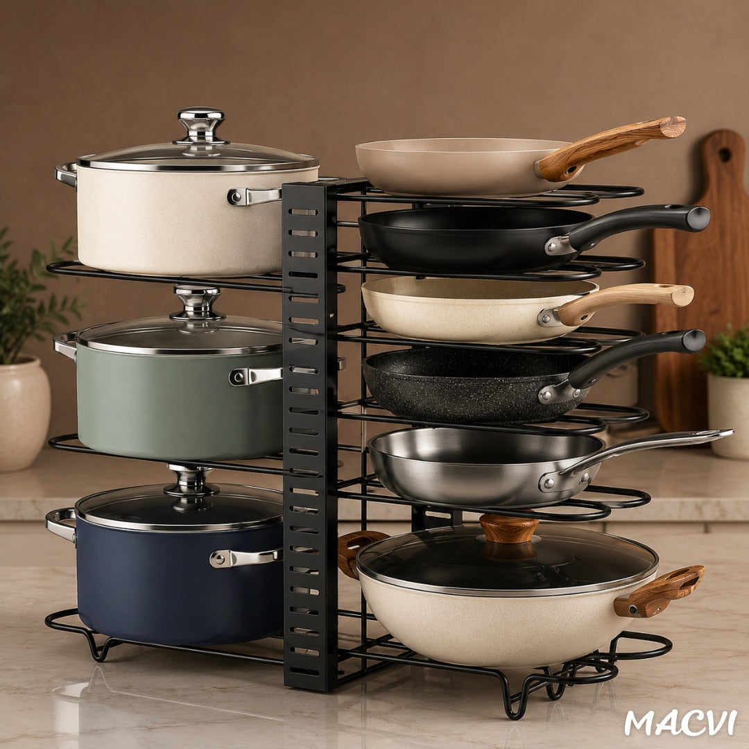 Suport Organizator reglabil pentru 9 tigai si oale Macvi® din metal, 8 separatoare, protectie cauciuc, utilizare verticala/orizontala pentru dulapul din Bucatarie, Negru