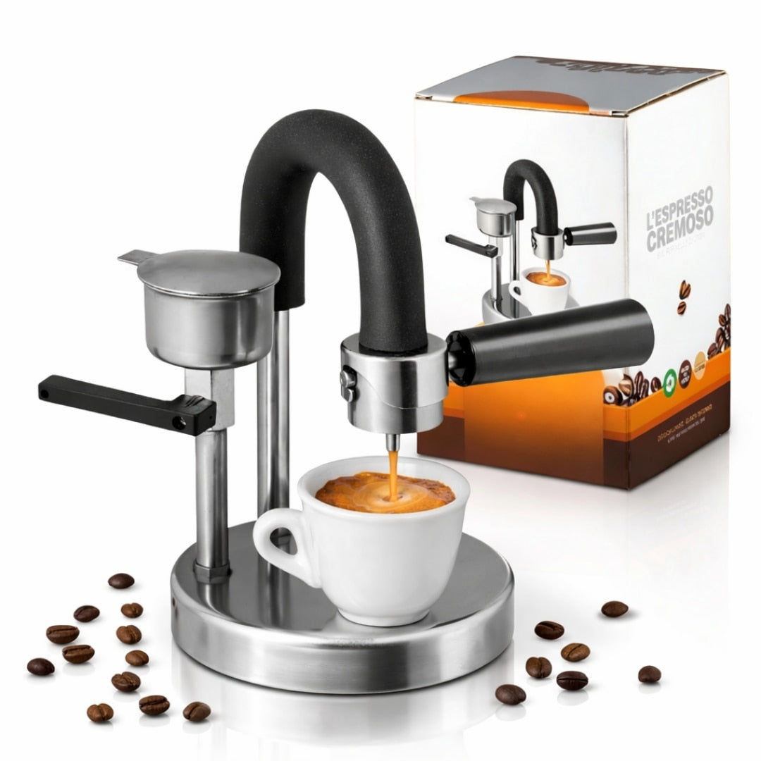 Espressor manual Kamira MACVI®, din inox 100%, presiune 4-5 bari, portabil, fara curent, filtru de inox pentru 1 ceasca cafea, compatibil aragaz si resou