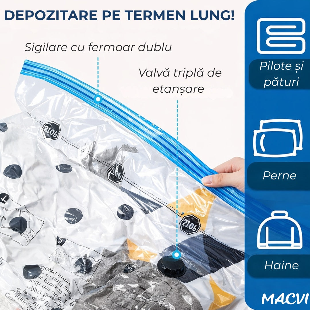 Set 12 saci vidat Macvi® cu compresie prin vacuum, reutilizabili, 40×60 cm, 50×70 cm, 60×80 cm, 80×100 cm