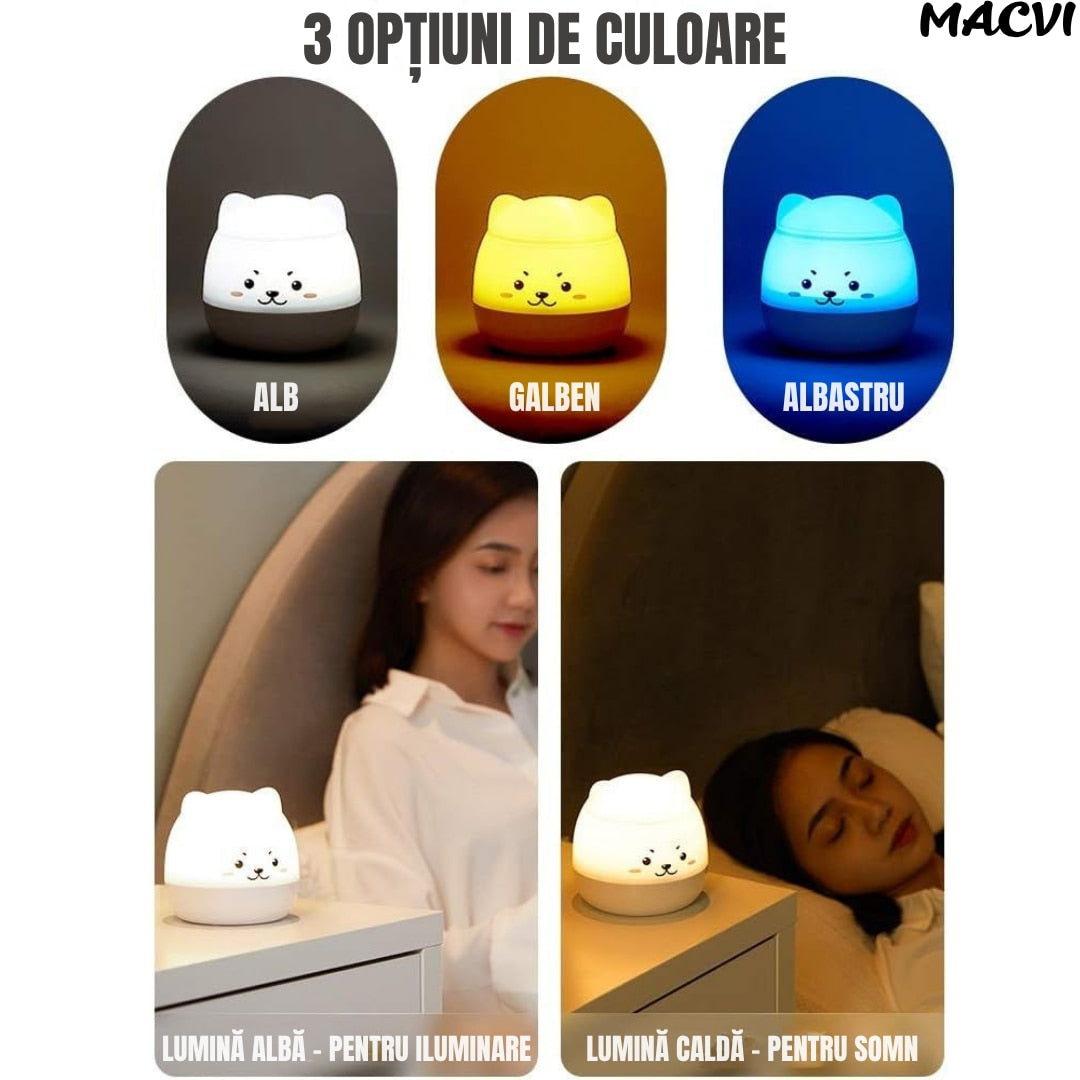 Lampa de veghe muzicala cu proiector Macvi®, design ursulet, Bluetooth, LED multicolor, rotativa, 6 moduri iluminare, acumulator USB 1200 mAh