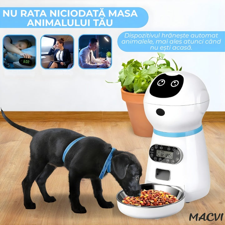 Hranitor automat Macvi® pentru caini si pisici, rezervor 3.5L, functie smart si programare, sunet hranire, distribuitor mancare uscata, usor de curatat