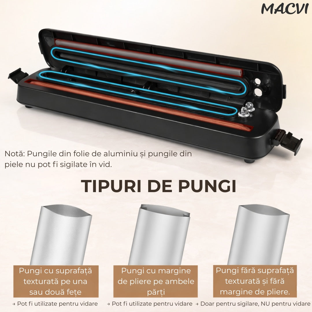 Aparat de Vidat Macvi® Alimente 110W cu Functie de Sigilare, Pompa Puternica, Compact si Usor de Utilizat pachetul include 10 Pungi de Vidat
