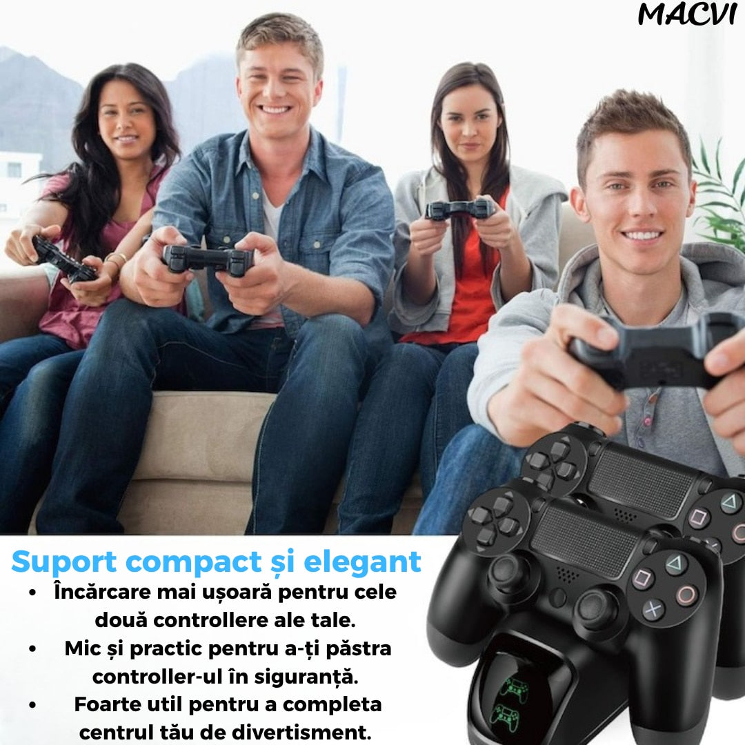Statie Macvi® de incarcare dubla pentru controlere PS4 cu afisaj LED si protectie inteligenta, negru