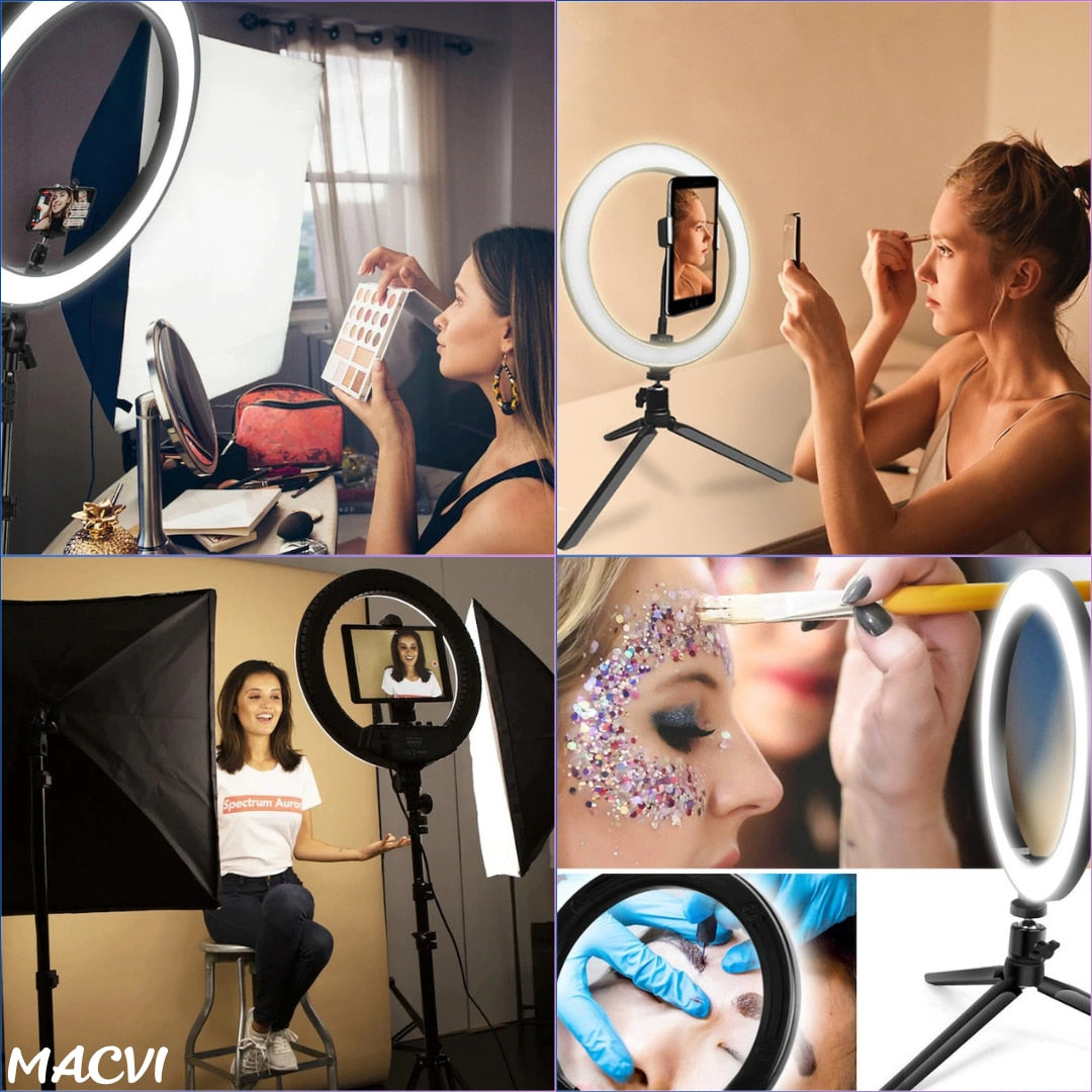 Lampa Circulara Profesionala Ring Light LED Macvi®, Conectare USB, 3 Moduri de Lumina, Telecomanda Selfie si Trepied 210 cm Inclus