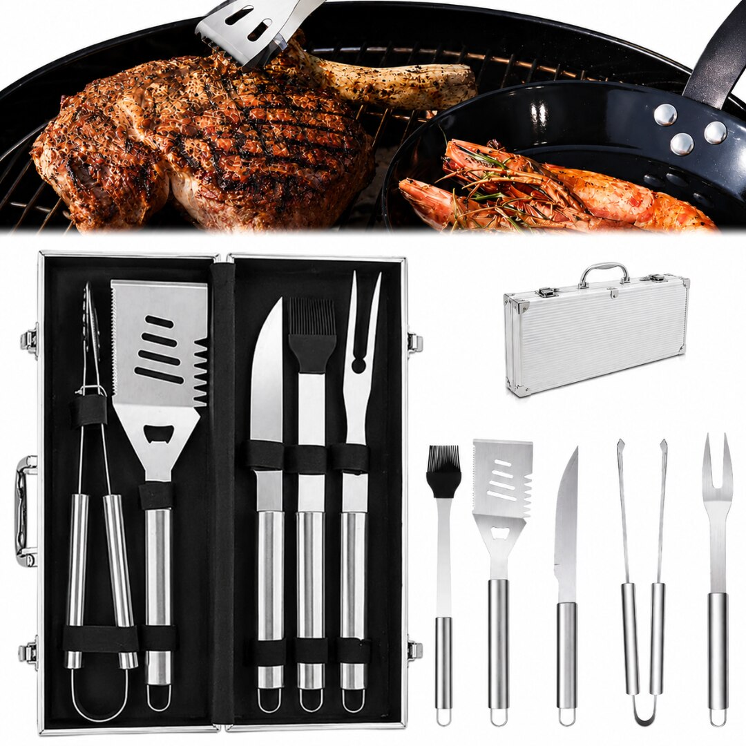 Set ustensile gratar Macvi® , accesorii din otel inoxidabil premium, geanta transport aluminiu captusita