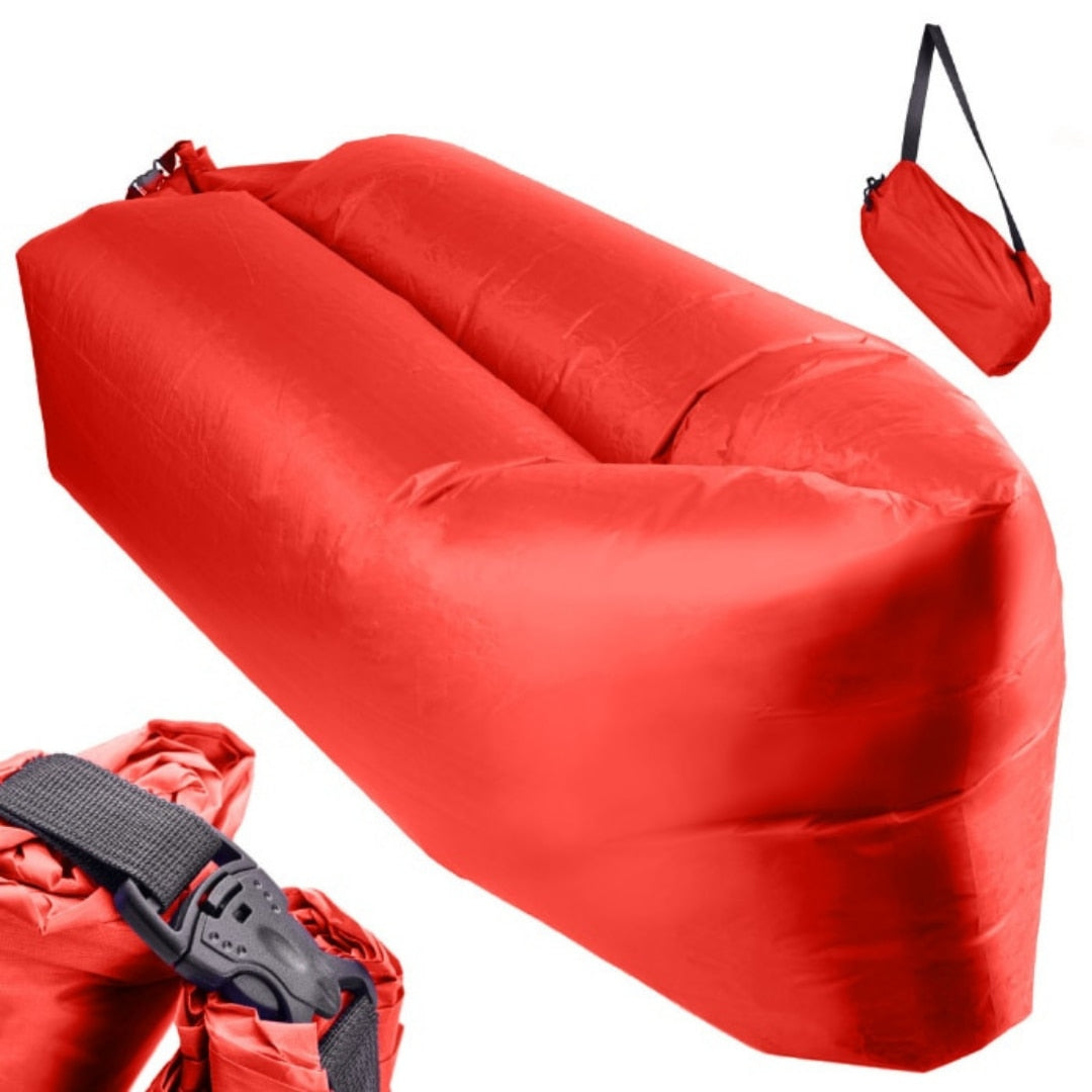 Saltea gonflabila tip sezlong Lazybag Macvi®, material rezistent, umflare fara pompa, pentru plaja/picnic/camping, rucsac de depozitare, 190 x 70 cm, rosu