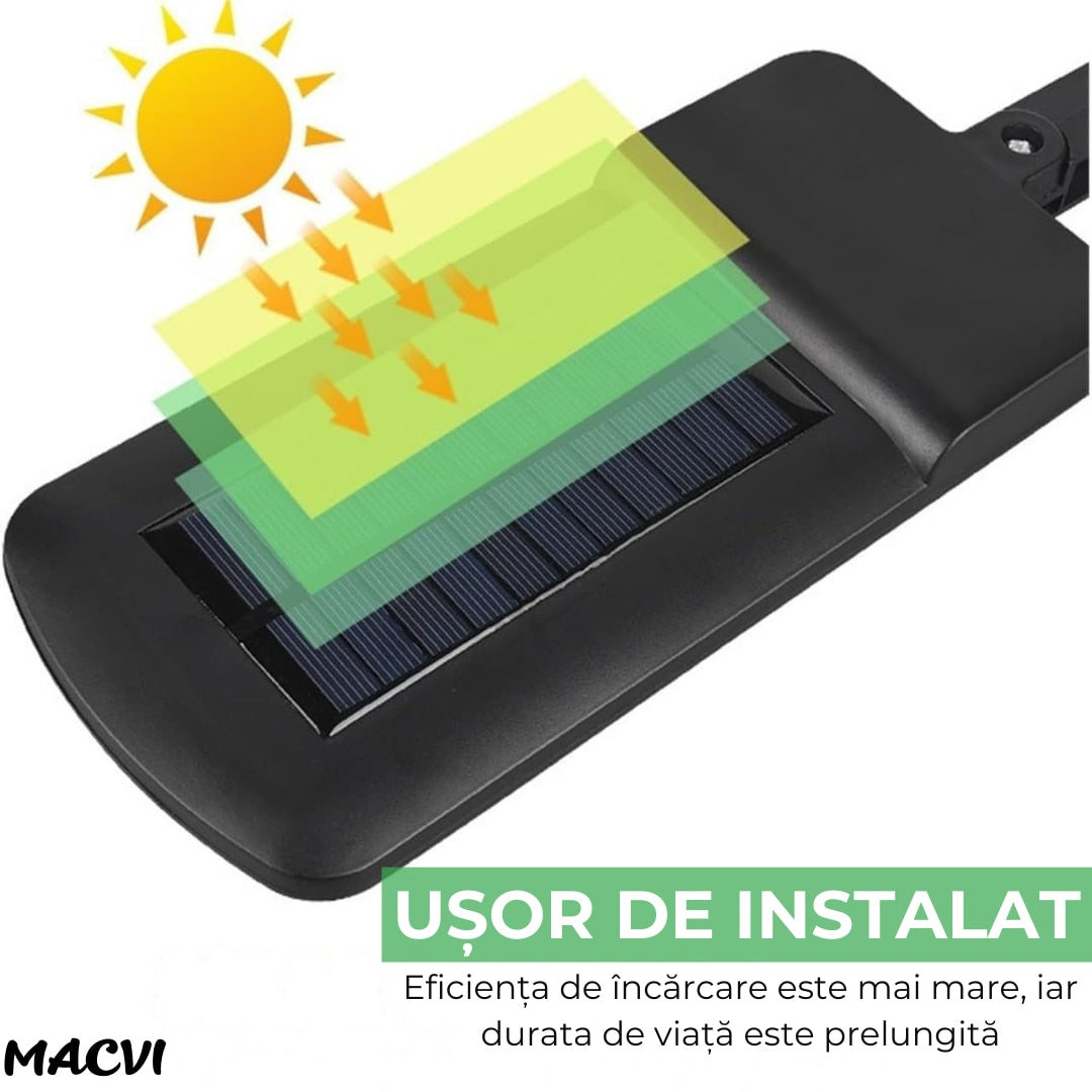 Aplica LED Exterior Macvi® Solara cu 150 COB, Senzor Miscare si Lumina, Panou Solar 1.5W, 2400mAh, IP65, 6500K, Autonomie 6-10 Ore, Unghi Lumina 120°
