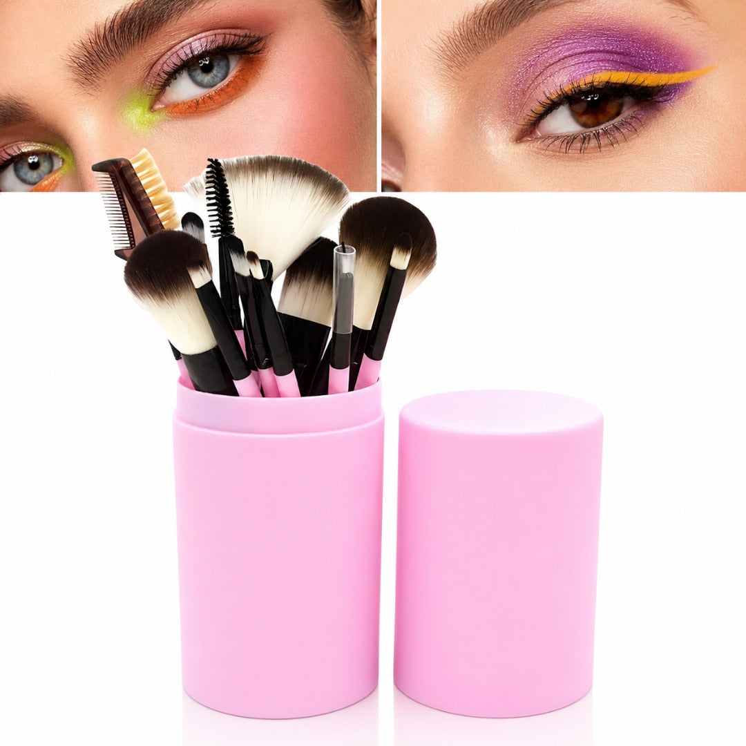 Set Macvi® 12 Pensule Machiaj cu Cutie pentru Depozitare, Design Modern Roz, Peri Sintetici de Inalta Calitate, Ideal pentru Machiaj Profesional si de Zi cu Zi