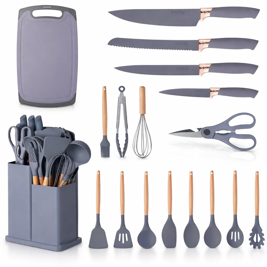 Set Ustensile Bucatarie Macvi® 19 Piese Silicon Termorezistent si Bambus, Cutite Inox, Suport Organizator Compact, Design Elegant