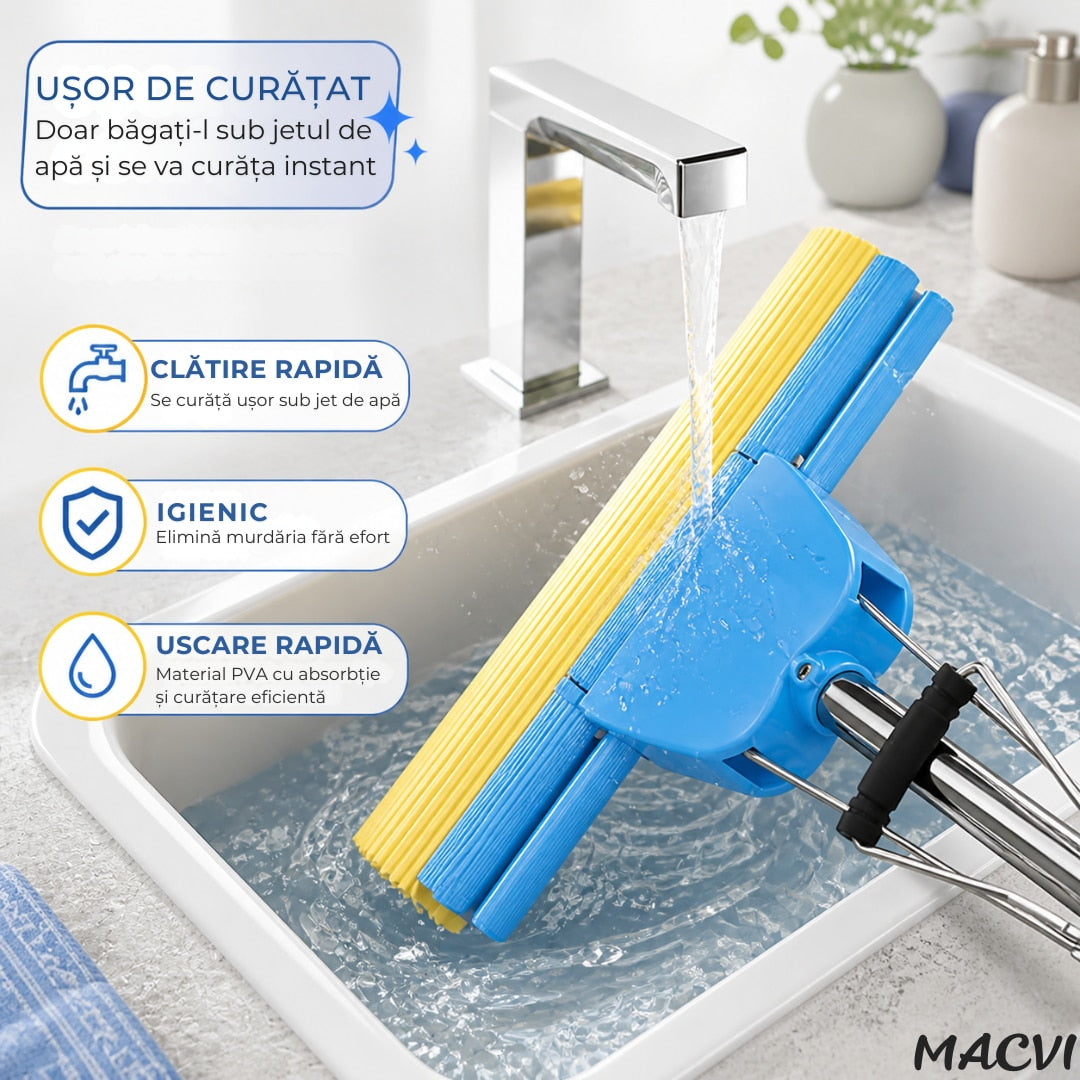 Mop Macvi® cu Storcator si Coada Metalica Telescopica 88-105 cm, PVA, 37 x 5 x 5 cm, Albastru
