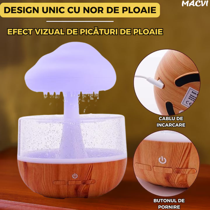 Umidificator si Difuzor Aromaterapie Macvi® Nor de Ploaie, 7 Culori LED, Sunet Relaxant si Sunete Albe, USB, 400 ml