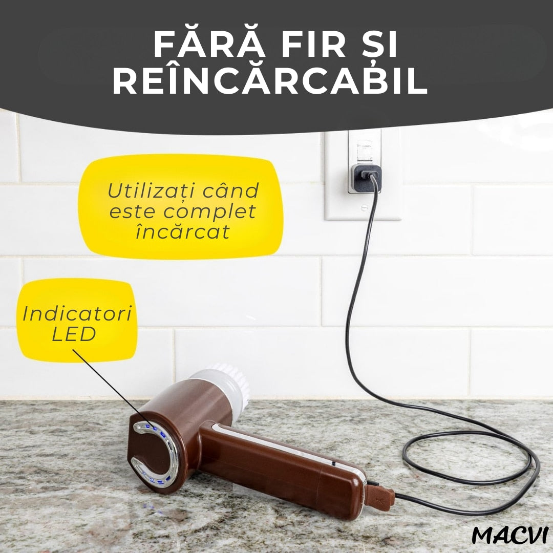 Perie Electrica de Curatare Macvi® fara Fir, 350 RPM, cu 5 Capete Interschimbabile, Reincarcabila, pentru Bucatarie, Baie, Faianta, Rosturi, Jante Auto si Suprafete Dificile