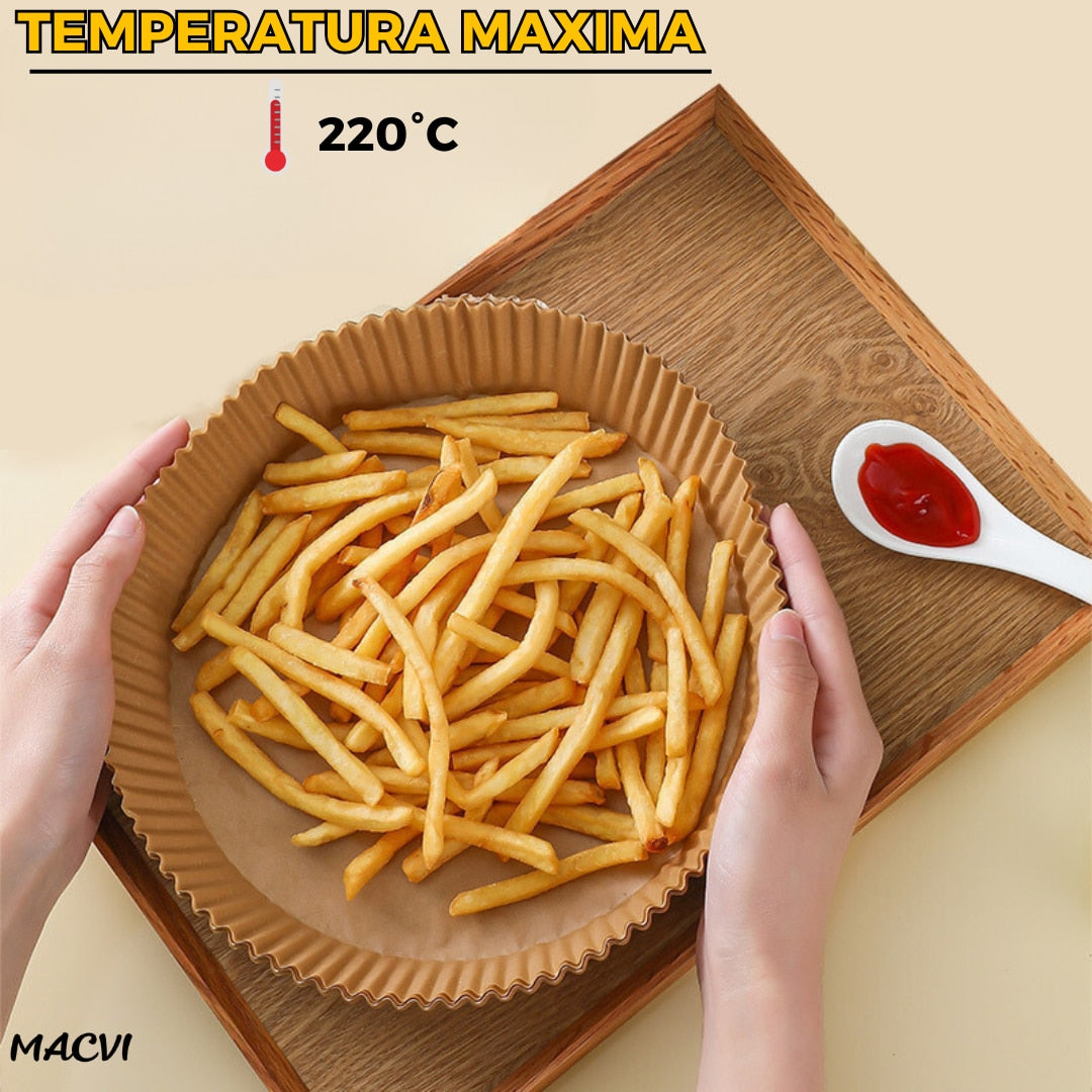 Set 200 hartii de copt rotunde Macvi® pentru Air Fryer, maro, 16x20x4.5 cm