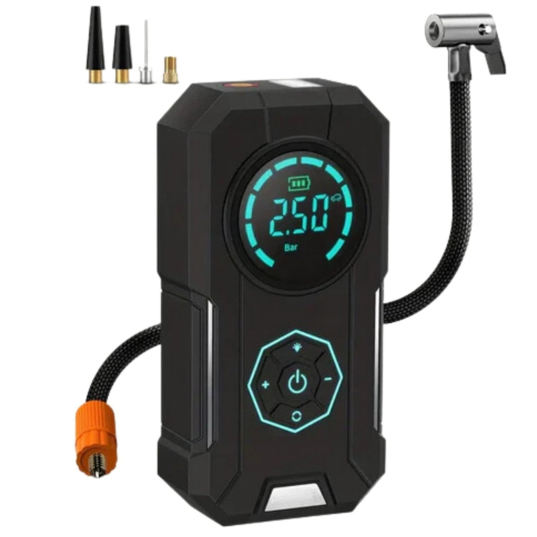 Compresor Auto Portabil Macvi® 150 PSI, Baterie 6000mAh, Afisaj Digital LED, Lumina SOS, Functie Powerbank, USB-C, Umflare Rapida pentru Masina, Motocicleta, Bicicleta si Mingi