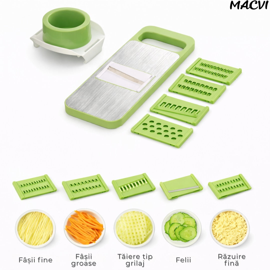 Razatoare Multifunctionala Macvi® cu Recipient si 6 Lame din Otel Inoxidabil, Tocator Rotund pentru Legume si Fructe, Design Demontabil, Verde