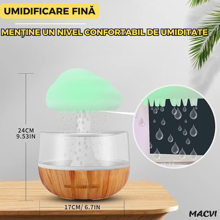 Umidificator si Difuzor Aromaterapie Macvi® Nor de Ploaie, 7 Culori LED, Sunet Relaxant si Sunete Albe, USB, 400 ml