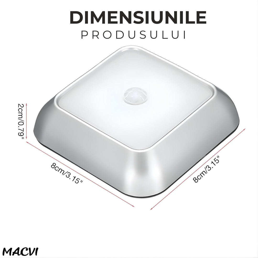 Lampa LED Macvi® cu senzor de miscare si alimentare pe baterii iluminare automata pentru holuri, scari, dulapuri si sertare, montaj rapid fara cabluri
