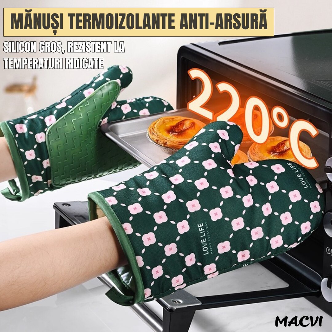 Manusa pentru cuptor sau gratar, mana stanga Macvi®, rezistenta pana la 350°C, umplutura din lana, material textil si cauciuc, model verde