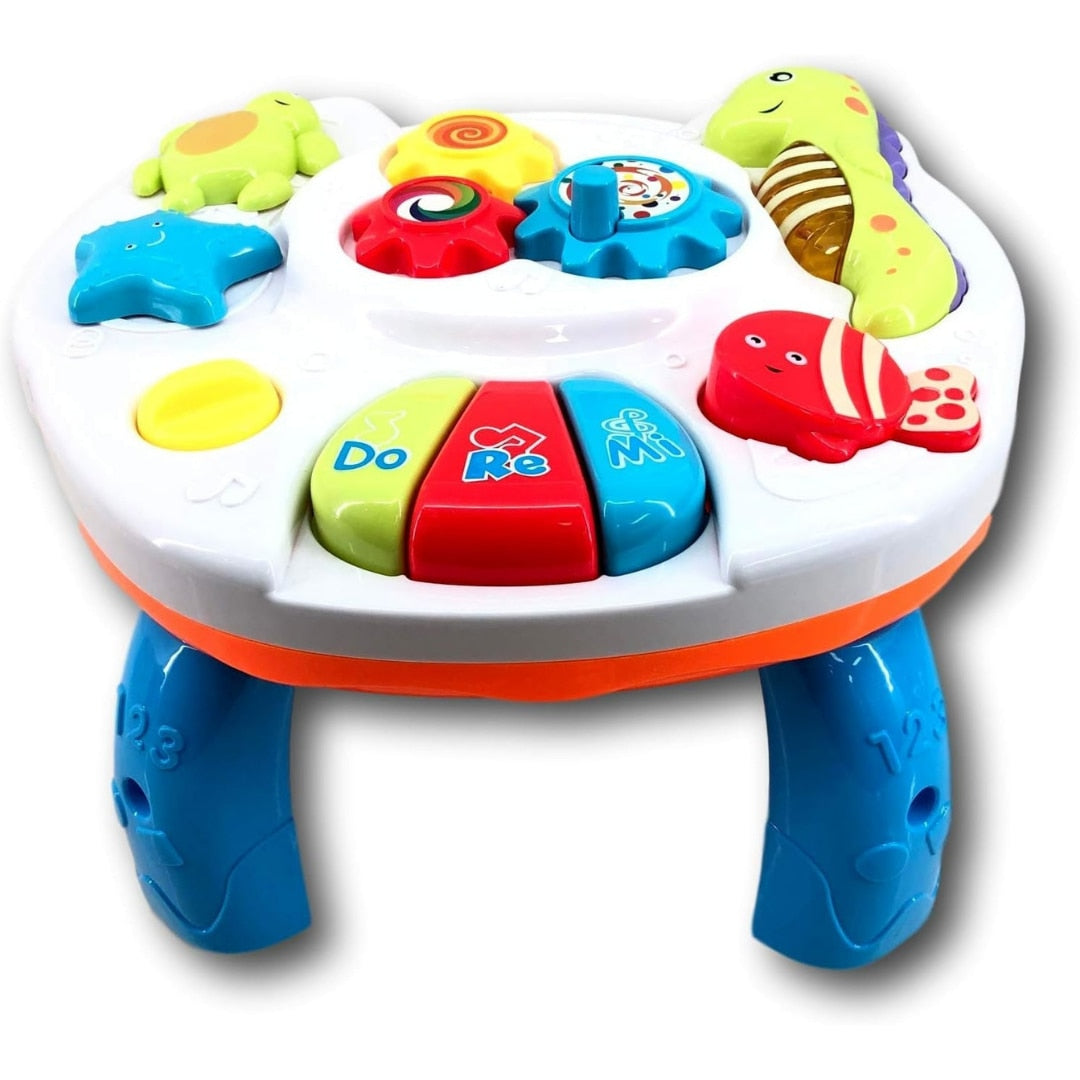 Masa de activitati muzicale 2in1 Macvi®, pentru bebelusi, cu pian, lumini si sunete, detasabila, prindere pentru patut, alb-albastru