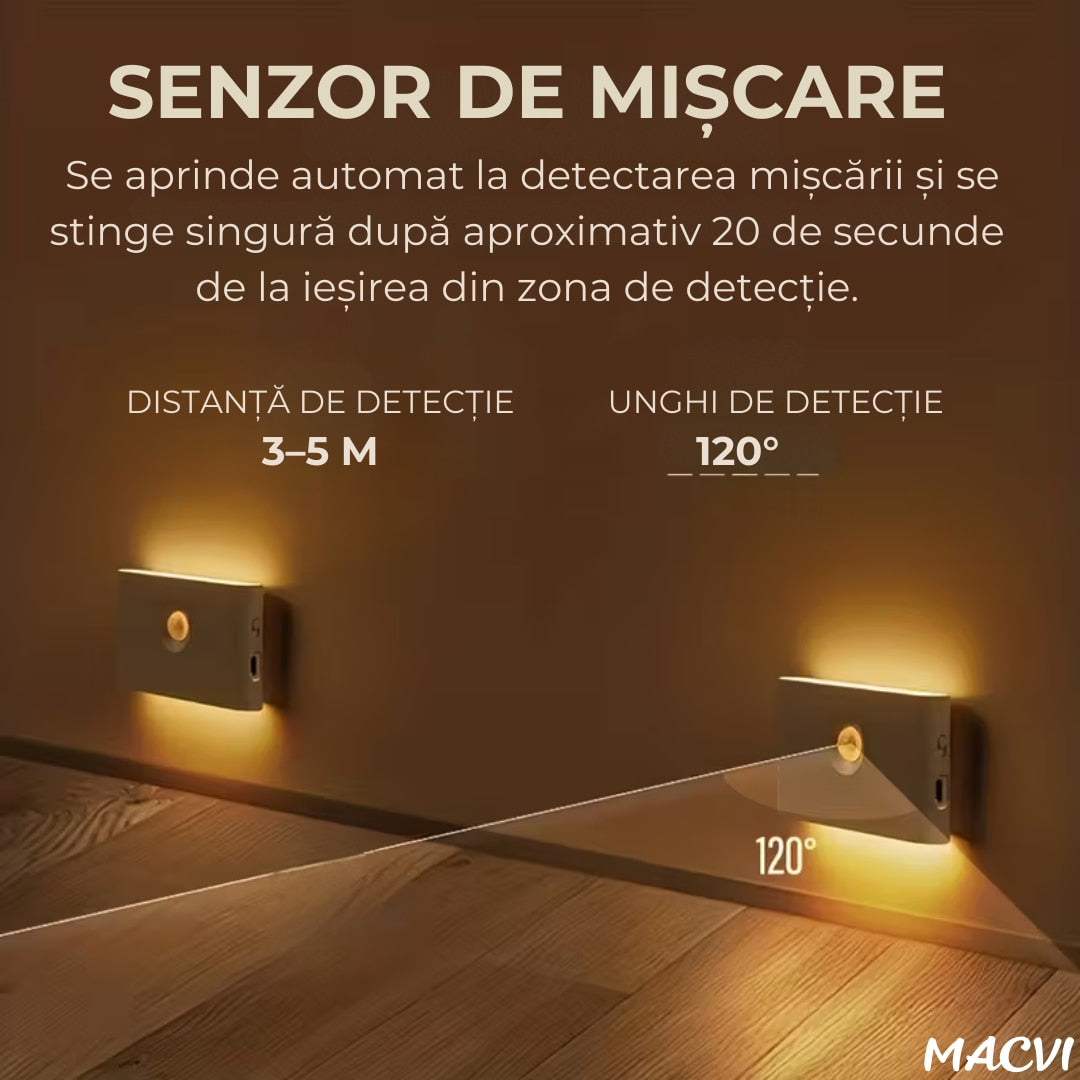 Aplica/lampa Macvi® dreptunghiulara pentru perete cu senzor de miscare si senzor crepuscular, LED 3000K cu iluminare laterala, reincarcare USB-C pentru baie, dormitor si scari