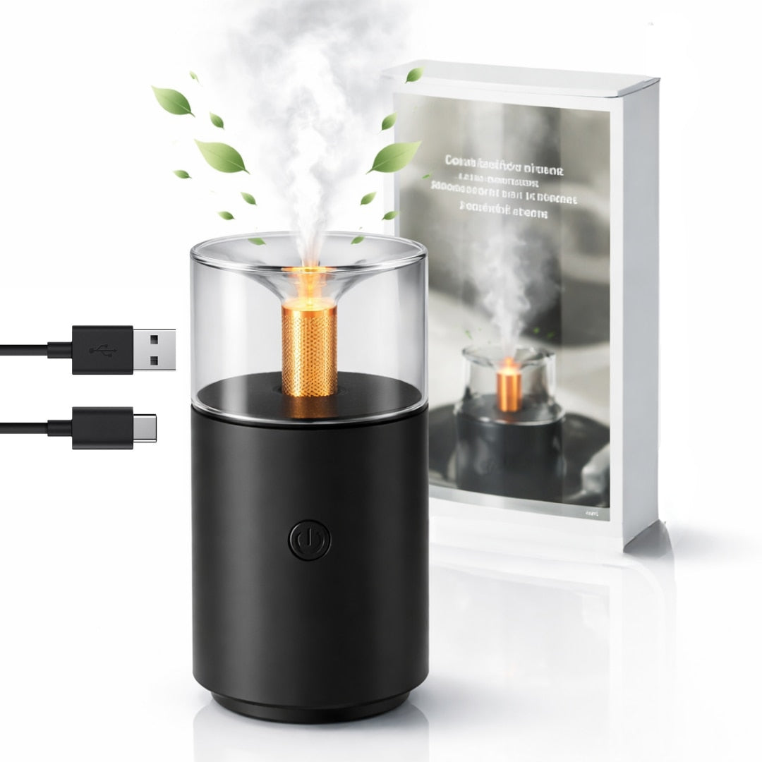 Umidificator Aromaterapie Macvi® cu Efect Flacara Tip Lumanare 250 ml Portabil USB cu Oprire Automata Pulverizare Arome LED Ambiental pentru Dormitor Bucatarie Masina