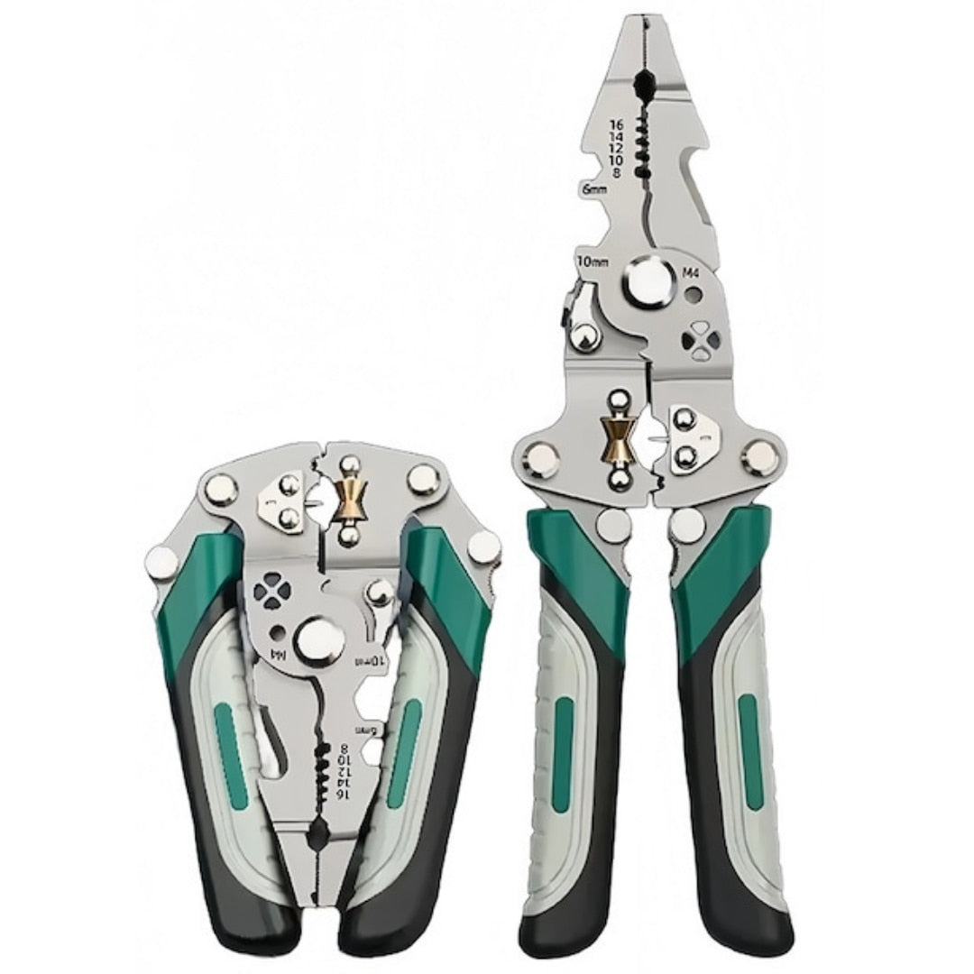 PROMO 1+1: Patent multifunctional Macvi® 12-in-1 cu sertizor pentru cabluri cleste pliabil din otel pentru dezizolare, taiere si sertizare fire, design ergonomic pentru lucrari electrice