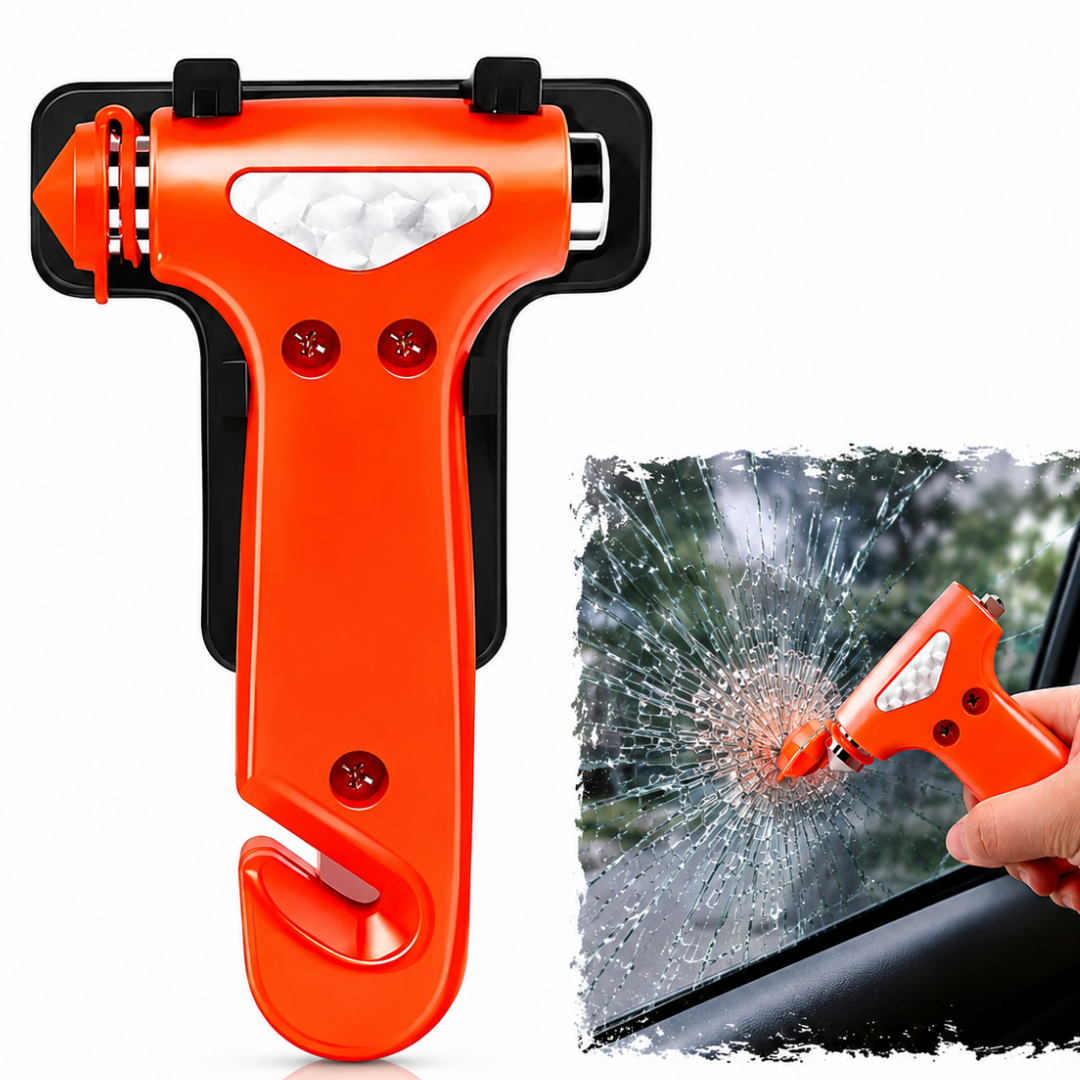 Ciocan de urgenta auto Macvi® 3 in 1, ABS rezistent, cu cutter pentru centura de siguranta si cap metalic pentru spart geamuri
