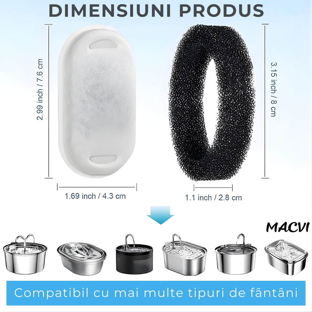 Set 4 filtre Macvi® pentru dispenser de apa automat, design oval, elimina mirosurile si gusturile neplacute, filtrare eficienta pentru caini si pisici, bumbac de calitate