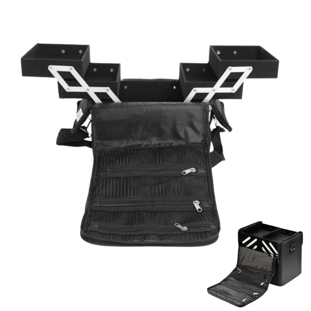 Portfard cosmetic Macvi® cu capacitate mare, material canvas rezistent, design clasic negru, 19.8x24.5x27.5 cm