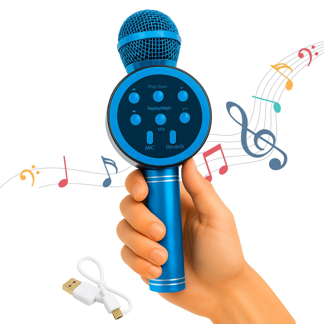 Microfon Karaoke Wireless Macvi® cu Boxa si Bluetooth V11, Portabil, Difuzor Profesional, Baterie Integrata,, Albastru