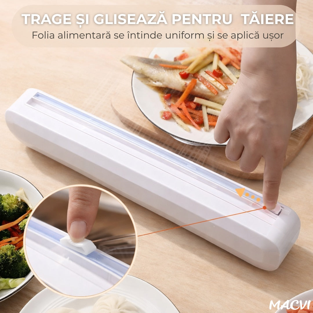Set Dispenser Macvi®, 37cm, 12 ventuze antialunecare, alb+ folie alimentara si hartie