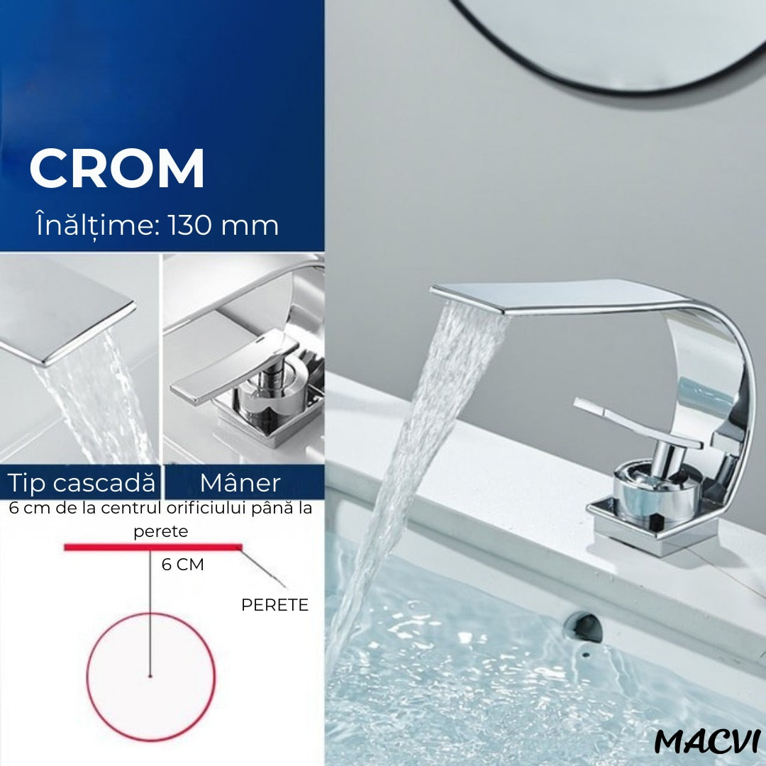 Robinet baie Macvi® tip cascada din alama inaltime 13 cm conexiune 3/8 montaj chiuveta design modern, argintiu