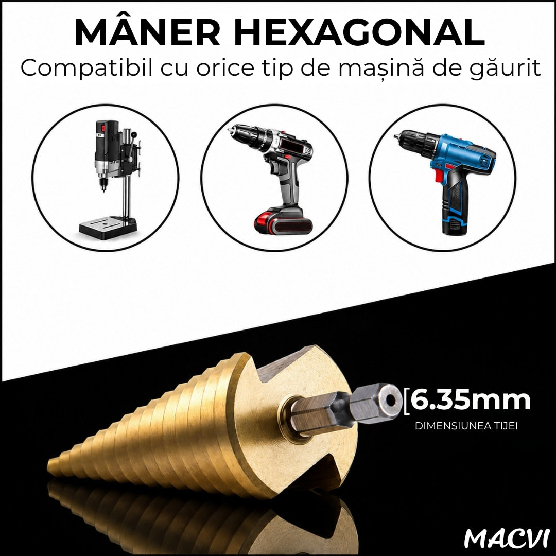 Set 3 burghie conice in trepte Macvi®, otel HSS cu acoperire titan, tije 6 mm, dimensiuni 4–12 mm, 3–12 mm, 4–20 mm, cutie depozitare inclusa, rezistente si durabile