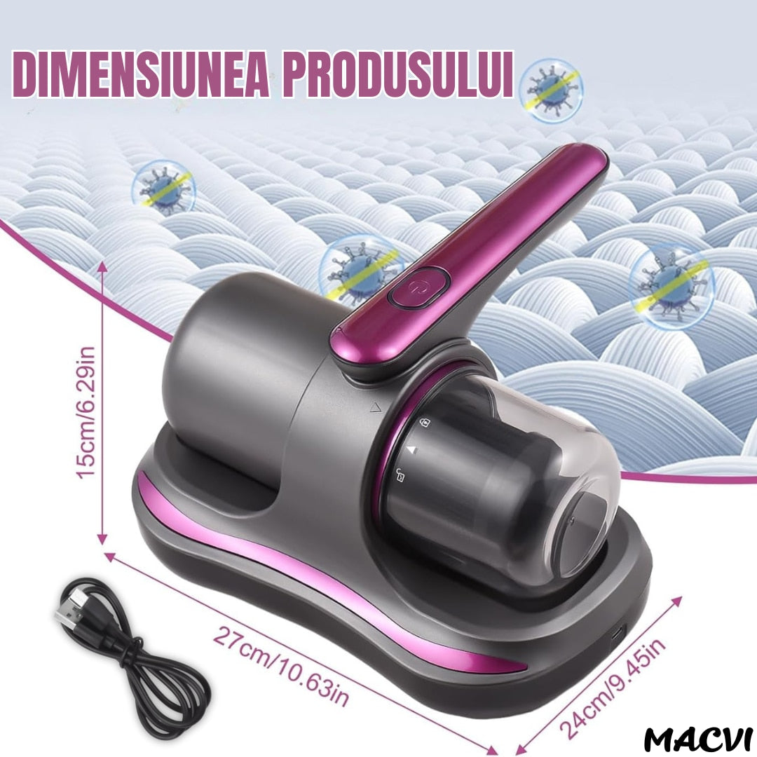 Aspirator Antiacarieni Macvi®, 8000 Pa, Fara Fir, Filtru HEPA, Baterie 3600 mAh, UVC, Rezervor 500 ml, Curatare Pat, Canapea si Covoare