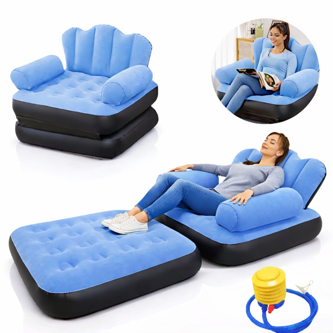 Fotoliu Gonflabil Macvi® XL 2 in 1 Portabil Pentru Interior, Exterior, Camping sau Plaja, Design Ergonomic, 100x88x90 cm
