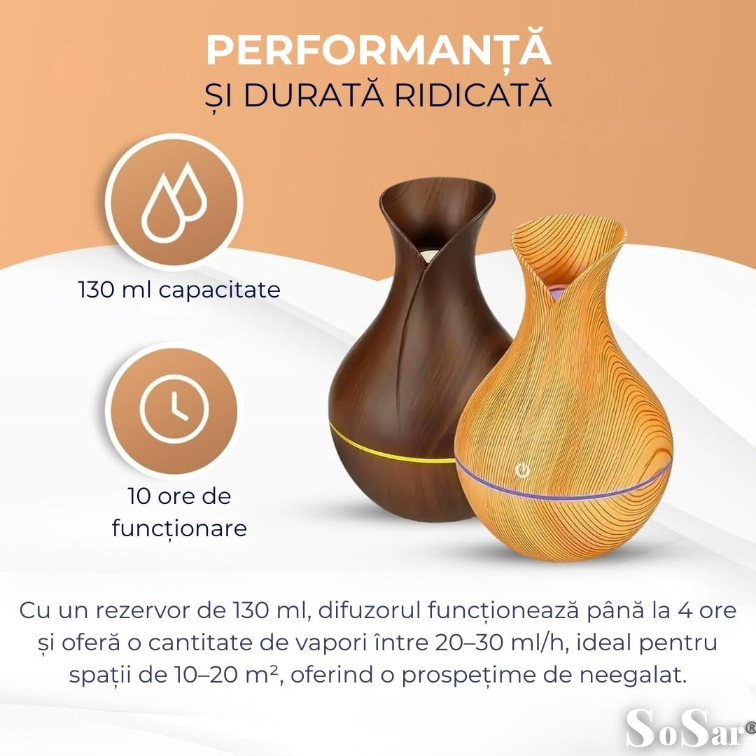 Difuzor Aromaterapie Macvi® cu Umidificator, ultrasunete, forma de vaza, buton touch, LED 7 culori, 130 ml