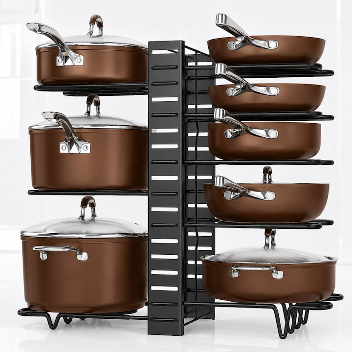 Suport Organizator reglabil pentru 9 tigai si oale Macvi® din metal, 8 separatoare, protectie cauciuc, utilizare verticala/orizontala pentru dulapul din Bucatarie, Negru