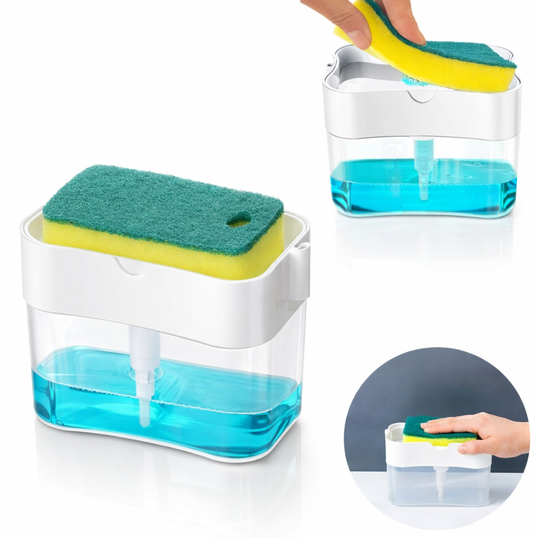 Dispenser detergent Macvi® 380 ml cu suport pentru burete, actionare prin apasare, economisire detergent