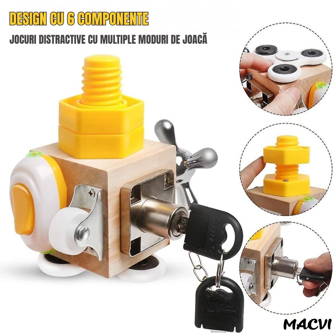 Cub de activitati educative din lemn Macvi, jucarie interactiva, dezvoltare senzoriala si motorie, 100% sigura, 1 an