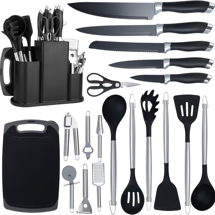 Set 20 Piese Utensile de Bucatarie si Cutite cu Suport Macvi®, Taietor, Ustensile de Silicona, Cutite, Tablita de Taiat si Accesorii pentru Gati