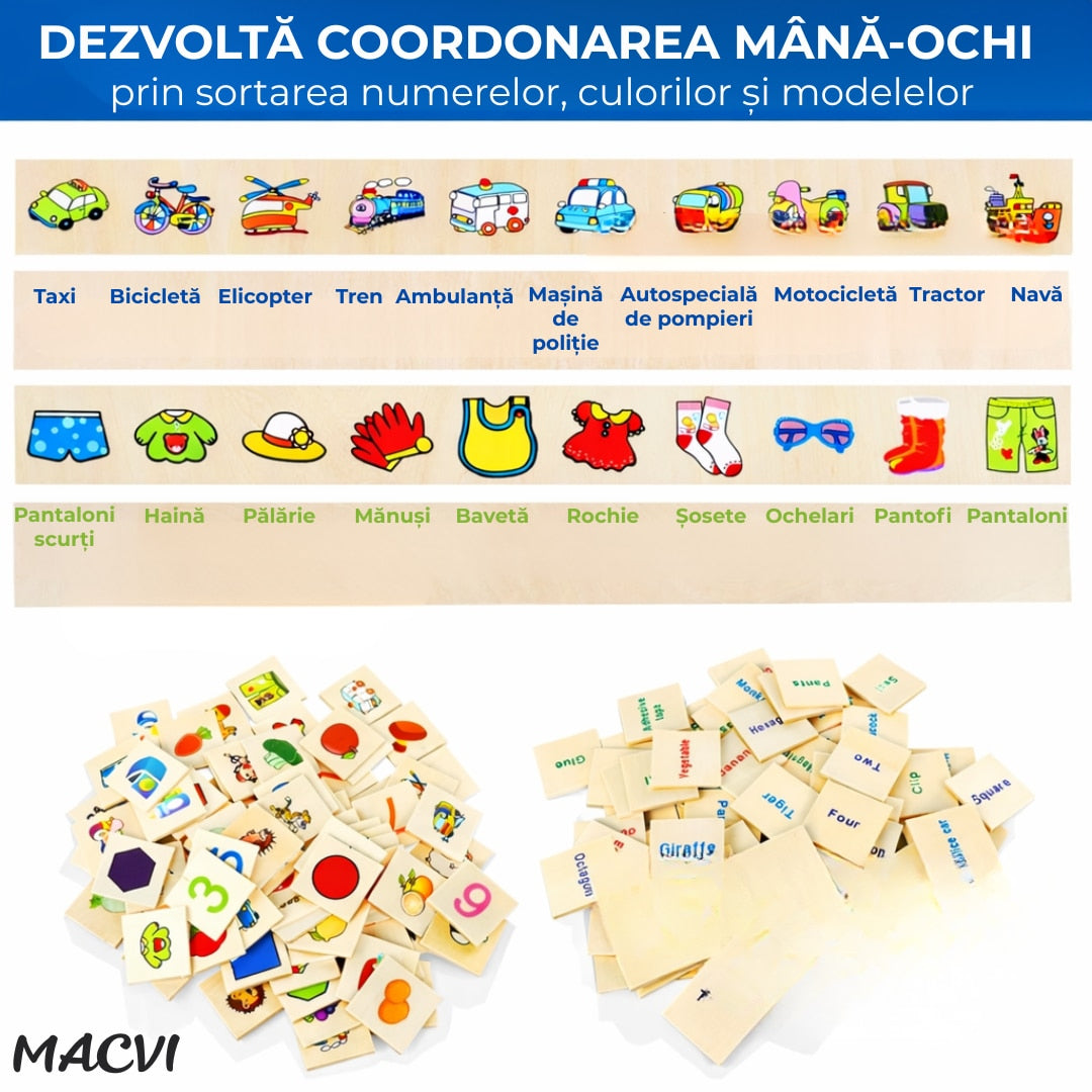 Jucarie educativa din lemn Macvi®, set cu cutie si cartonase, pentru dezvoltarea coordonarii mana–ochi si logicii matematice, 3+, 29,5×11×8 cm