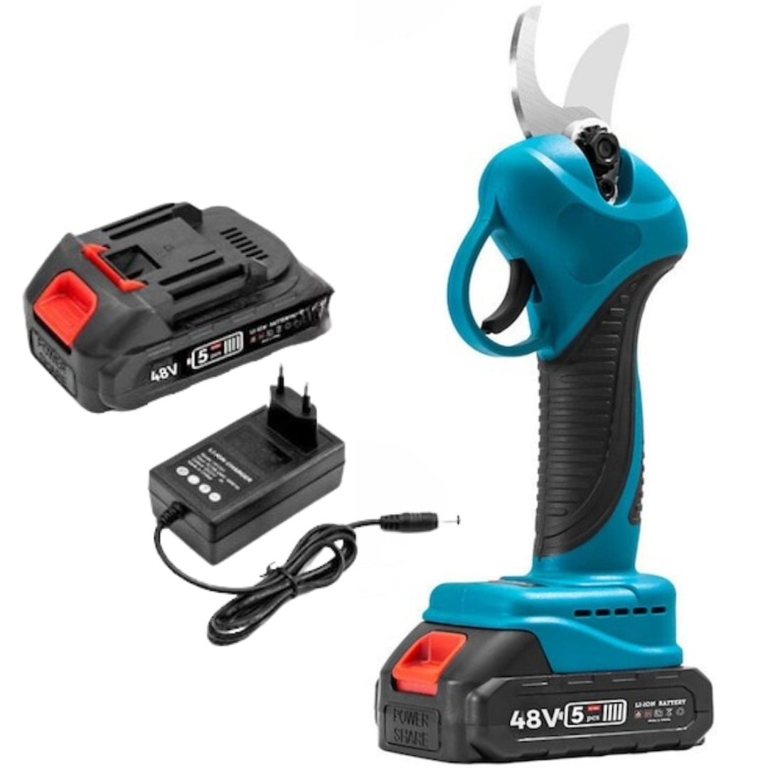 Foarfeca Electrica pentru Gradinarit Macvi® 48V, 2 Baterii, incarcator, 2 Lame din Otel Carbon, ideala pentru Vita de Vie si Crengi, Albastru